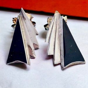 Modernist Sterling Silver & Black Onyx Post Earrings 925 Vintage Signed NF